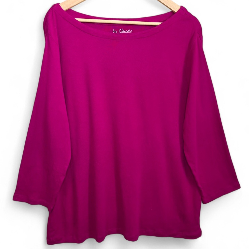 Chicos Top Womens 3 US XL Purple Boat Neck Cotton 3/4 Sleeve Tee Casual Ladies